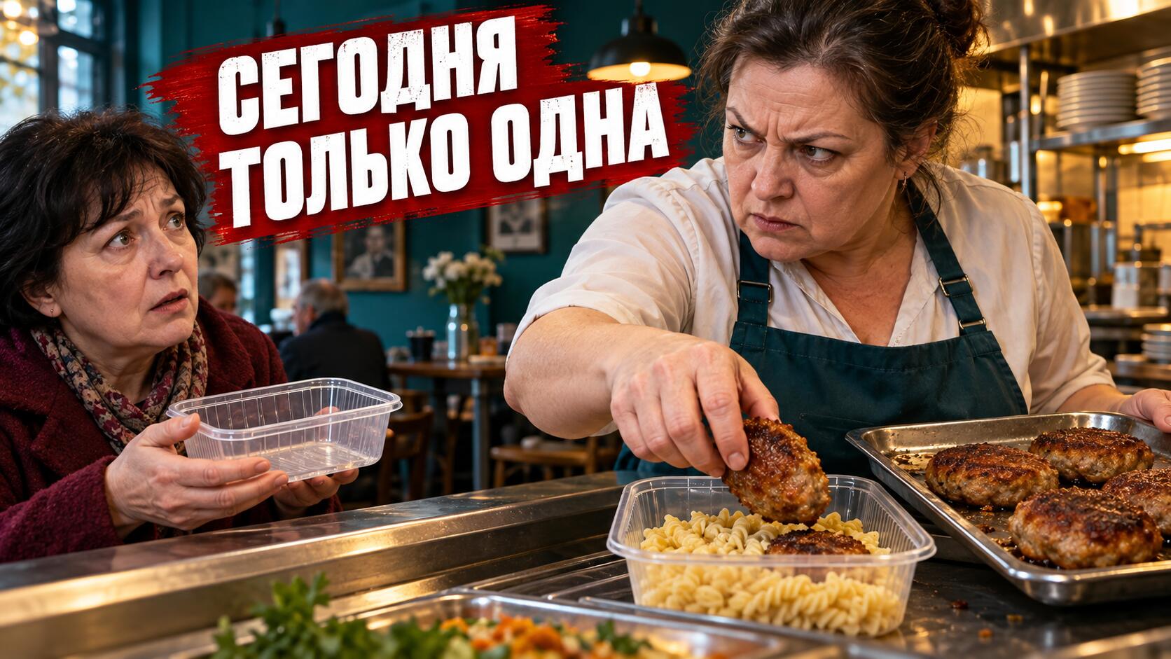 Обложка литературной истории ««Сегодня только одна». Хозяйка кафе убрала вторую котлету, узнав, кто ел обеды для одинокой соседки»