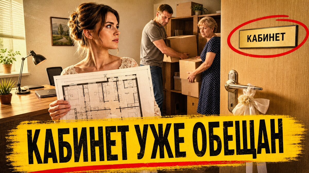 Женщина кладёт договор на стол перед женихом и его взрослым сыном, за ними видна дверь домашнего кабинета