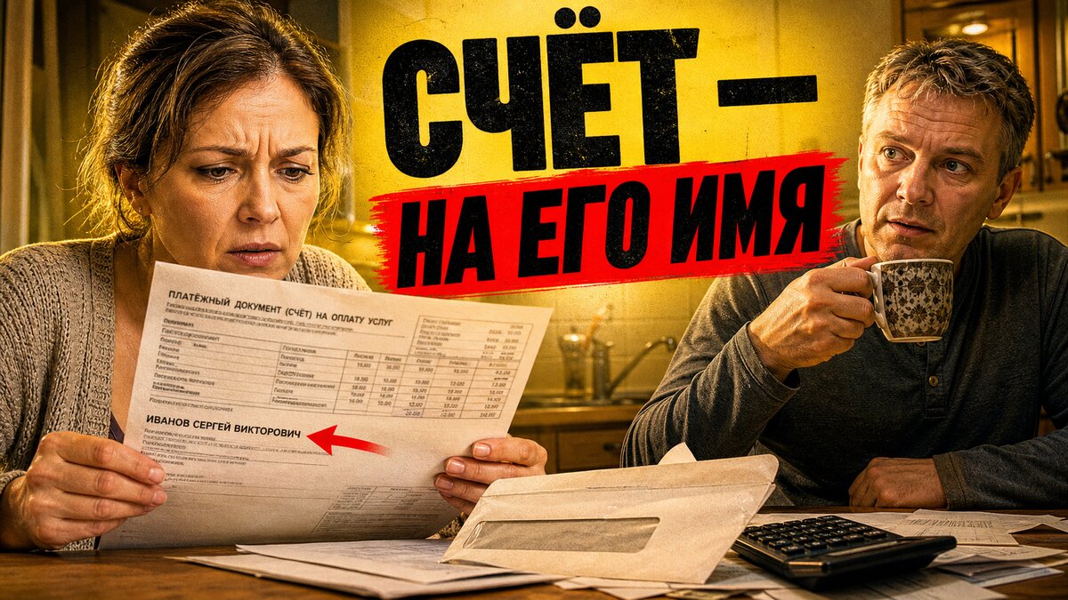 Мужчина с пакетом продуктов смотрит на длинный чек, пока жена и родственница стоят у кухонного стола