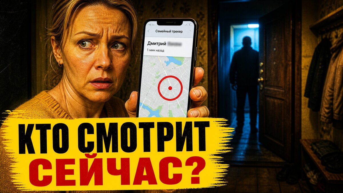 Женщина держит телефон с запросом доступа к геолокации, пока на экране семейного чата видны сообщения взрослых детей