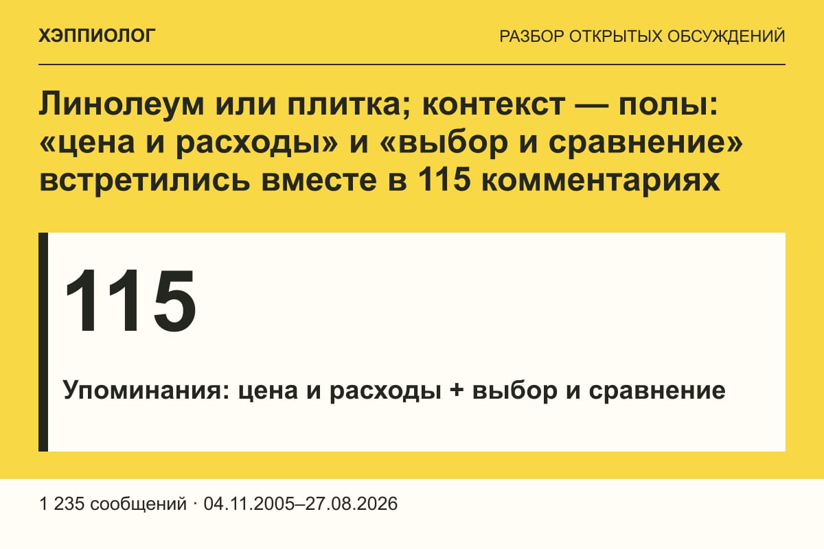 Линолеум или плитка; контекст — полы: «цена и расходы» и «выбор и сравнение» встретились вместе в 115 комментариях
